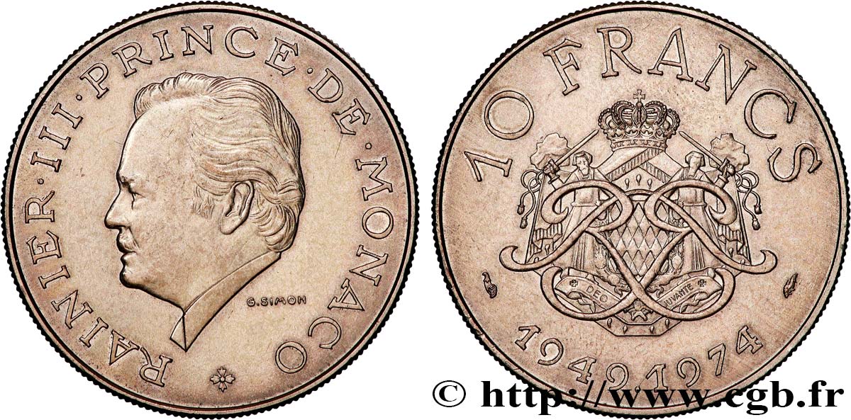 MONACO 10 Francs 25e anniversaire du règne de Rainier III 1974 Paris SUP 