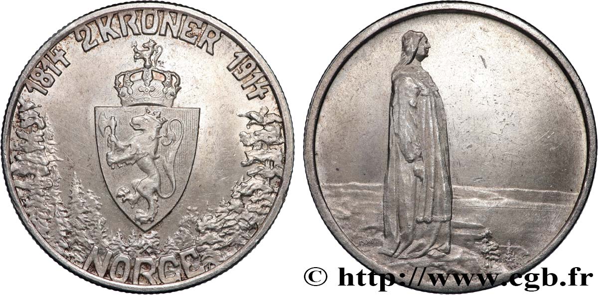 NORUEGA 2 Kroner Haakon VII - Centenaire de la Constitution 1914 Oslo MBC+ 