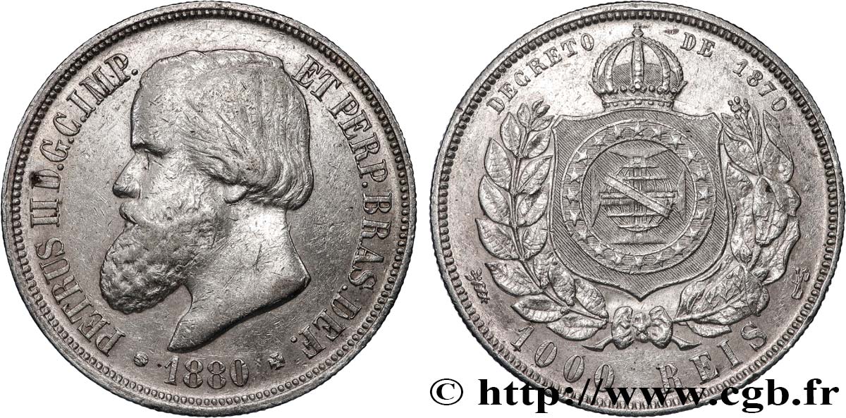 BRÉSIL 1000 Reis Pierre II 1880  TTB 