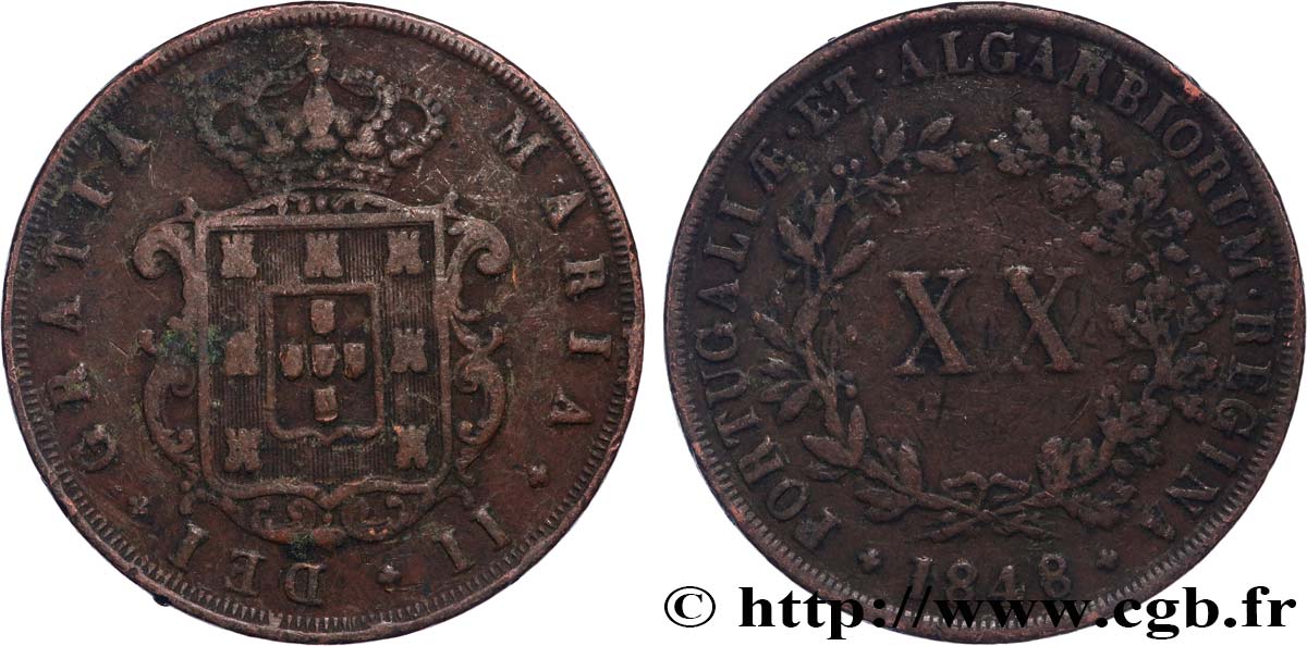 PORTUGAL -MARIE II  20 Reis  1848  BC+ 