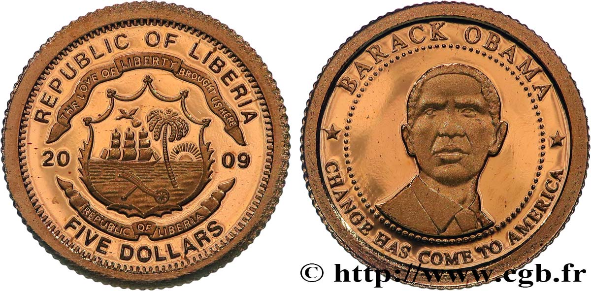 LIBERIA 5 Dollars Proof Obama 2009  MS 