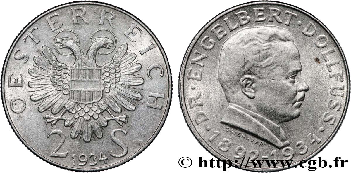 AUSTRIA 2 Schilling mort du Dr Engelbert Dollfuss, Chancelier de 1932 à 1934 1934  MBC+ 