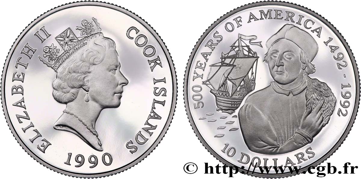 COOK INSELN 10 Dollar Proof 500 ans de la découverte de l’Amérique 1990  ST 