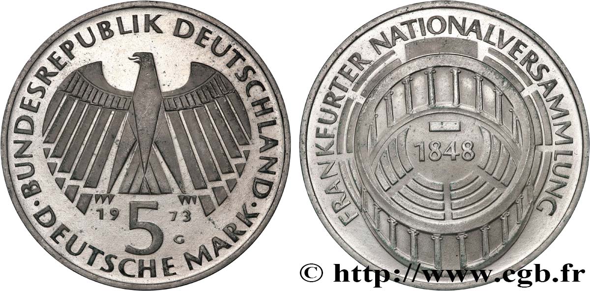 ALEMANIA 5 Mark Proof Parlement de Francfort 1973 Karlsruhe SC 