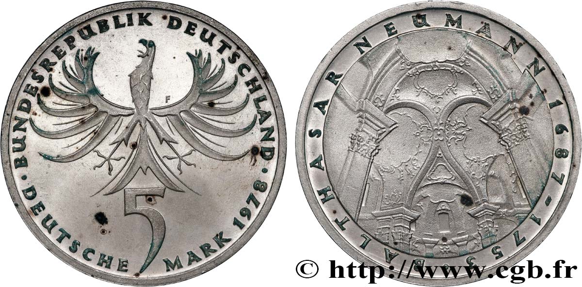 DEUTSCHLAND 5 Mark Proof l’architecte baroque Balthazar Neumann 1978 Stuttgart VZ 