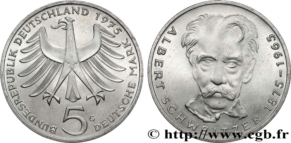 GERMANY 5 Mark Proof Albert Schweitzer 1975 Karlsruhe - G MS 
