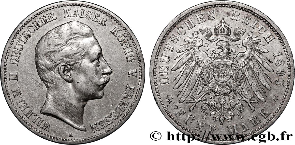 GERMANY - PRUSSIA 5 Mark Guillaume II 1895 Berlin XF 