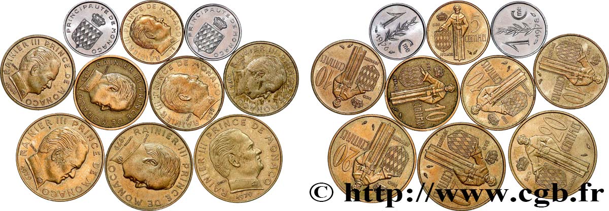 MONACO Lot de dix monnaies centimes de Rainier III n.d. Paris TTB+ 