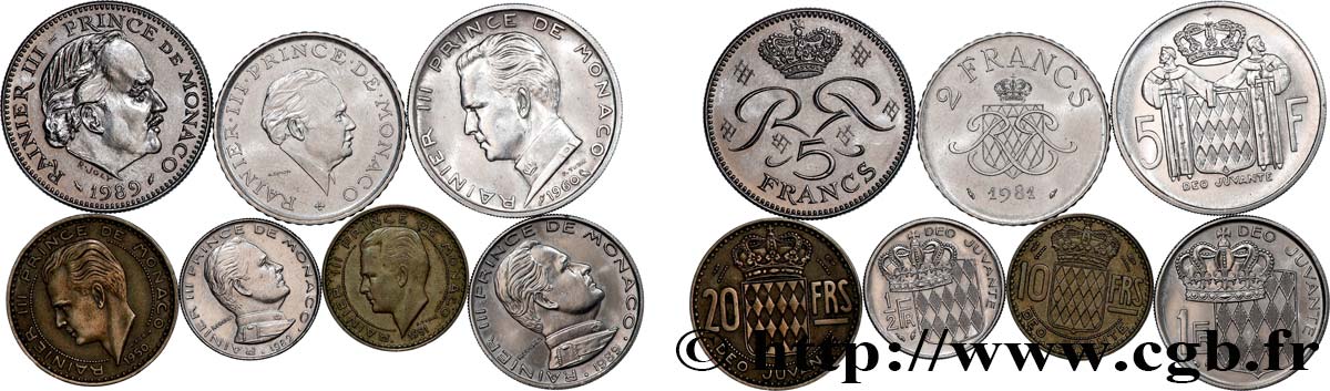 MONACO Lot de sept monnaies de Rainier III n.d. Paris AU 