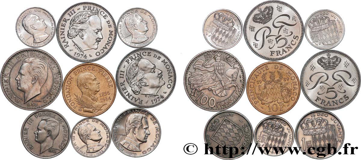 MONACO Lot de neuf monnaies de Rainier III n.d. Paris TTB+ 