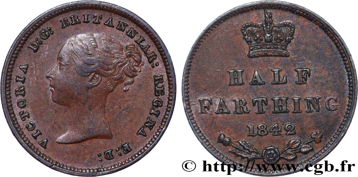 REINO UNIDO 1/2 Farthing Victoria “tête jeune” 1842  MBC+ 