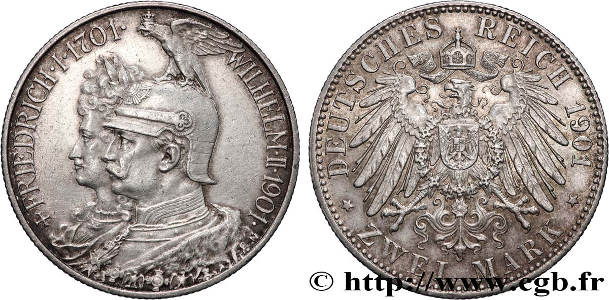 ALLEMAGNE - PRUSSE 2 Mark Guillaume II 200e anniversaire de la Prusse 1901 Berlin TTB+ 