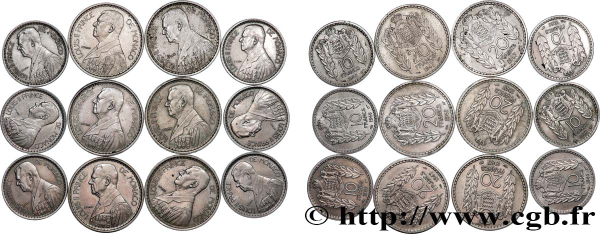 MONACO Lot de 12 monnaies 10 et 20 Francs prince Louis II 1946-1947 Paris AU 