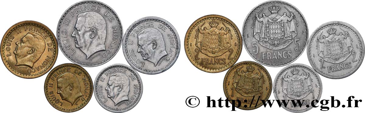 MONACO Lot 5 pièces 1, 2 et 5 Francs Louis II / armoiries 1943-1945 Paris MBC+ 