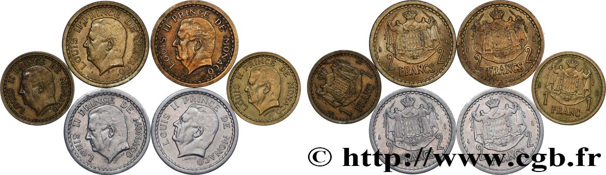 MONACO Lot 6 pièces 1 et 2 Francs Louis II / armoiries (1943) Paris TTB+ 