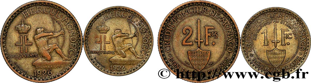 MONACO Lot 1 et 2 francs émission du Crédit Foncier de Monaco 1924 Poissy TTB 