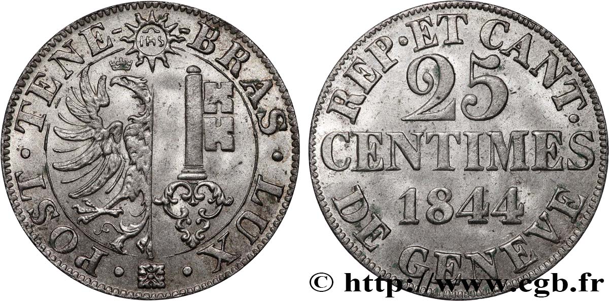 SVIZZERA - REPUBBLICA DE GINEVRA 25 Centimes - Canton de Genève 1844  SPL 