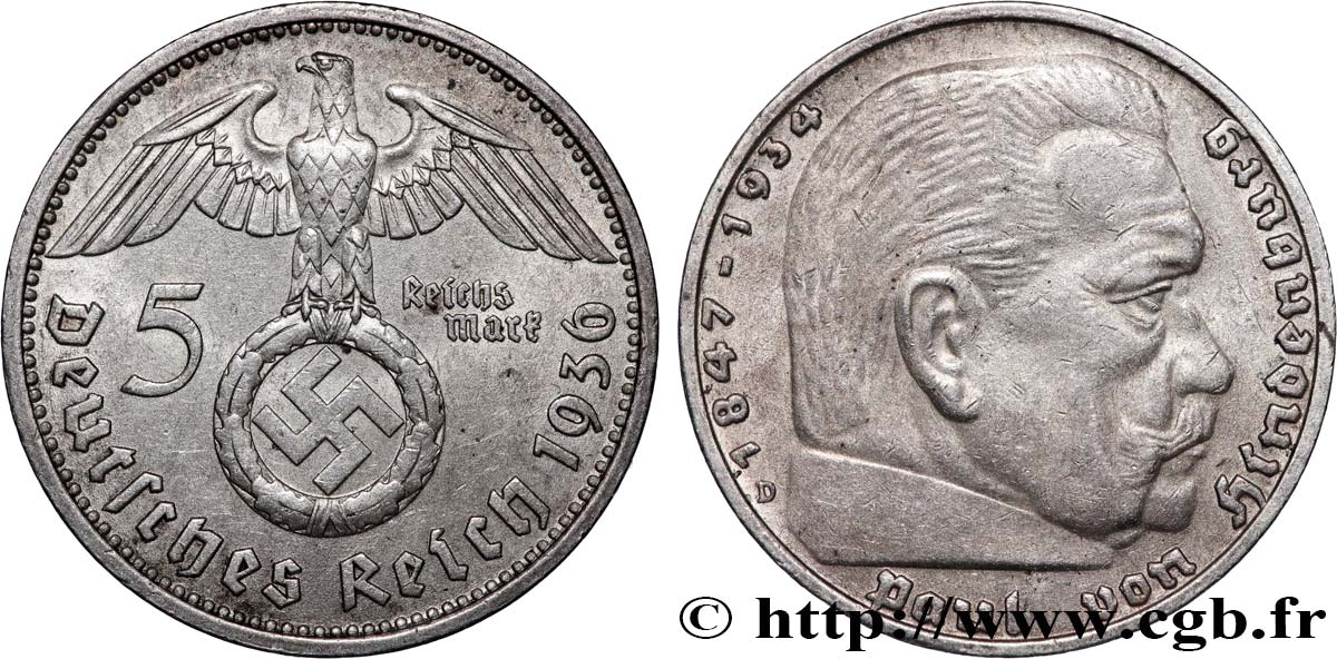 DEUTSCHLAND 5 Reichsmark Maréchal Paul von Hindenburg 1936 Munich SS 