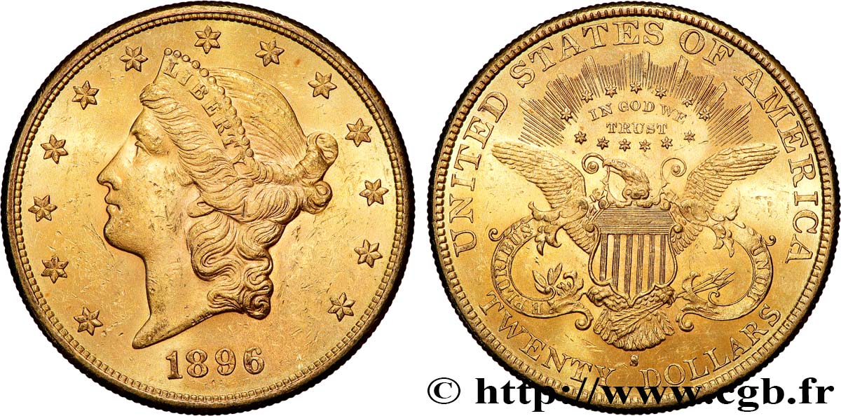 INVESTMENT GOLD 20 Dollars  Liberty  1896 San Francisco MBC+ 