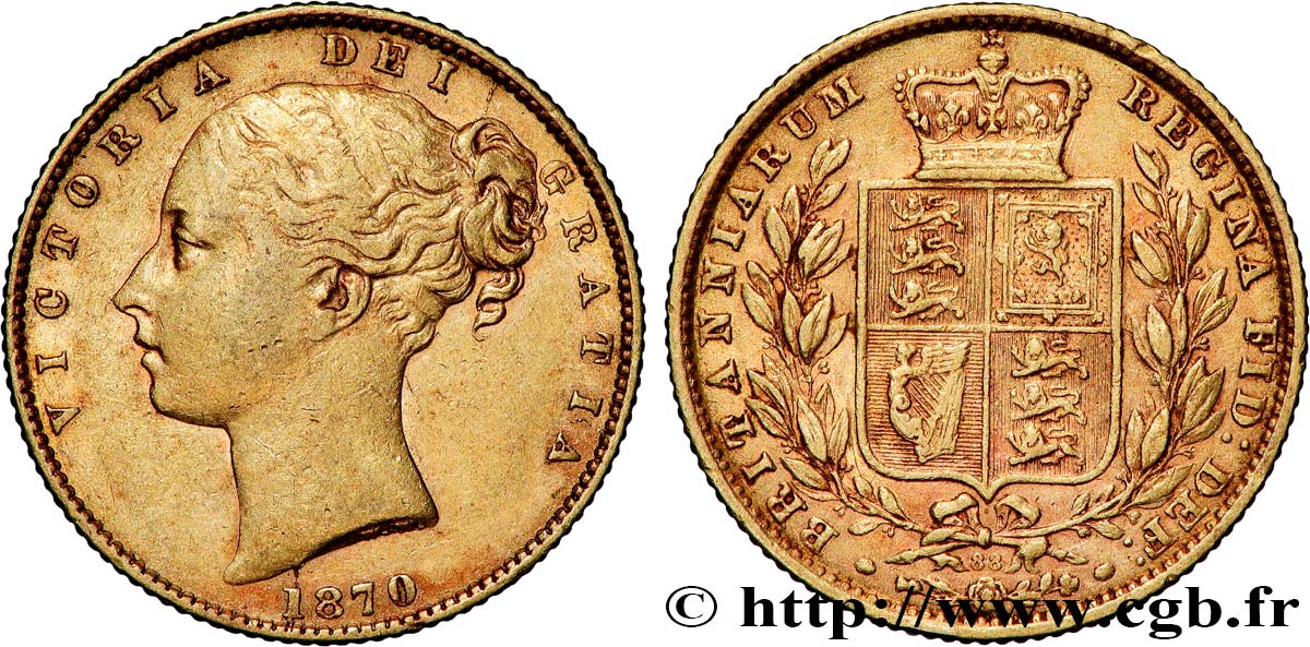 OR D INVESTISSEMENT 1 Souverain Victoria buste jeune / blason variété avec numéro de coin, coin n°87 1870 Londres TTB 