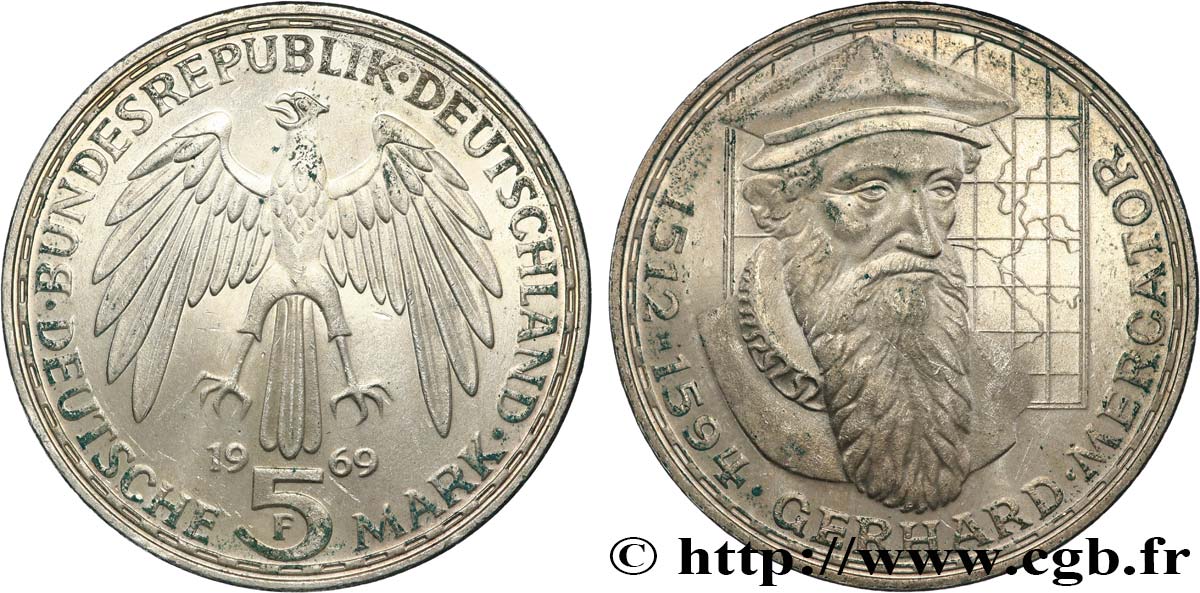 DEUTSCHLAND 5 Mark Gerhard Mercator 1969 Stuttgart VZ 