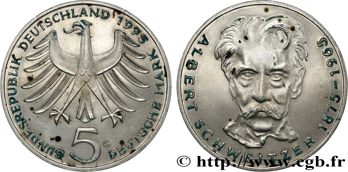 DEUTSCHLAND 5 Mark Albert Schweitzer 1975 Karlsruhe VZ 