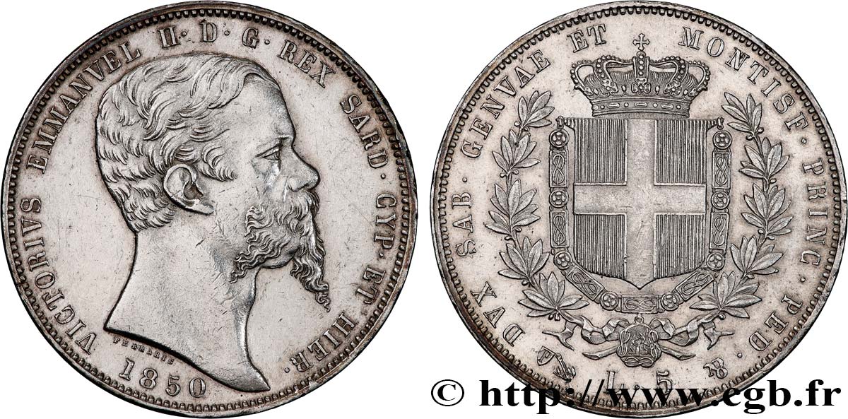 ITALY - KINGDOM OF SARDINIA 5 Lire Victor Emmanuel II 1850 Gênes AU 
