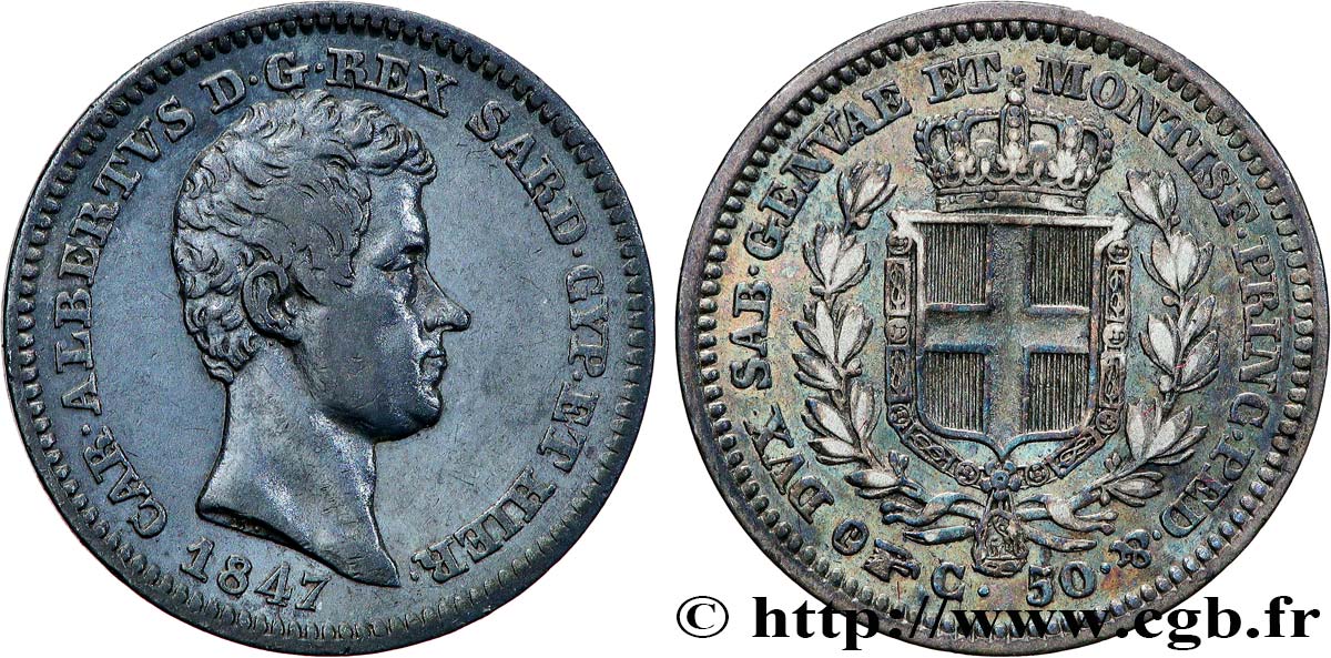 ITALIE - ROYAUME DE SARDAIGNE - CHARLES-ALBERT 50 Centesimi  1847 Turin TTB+ 