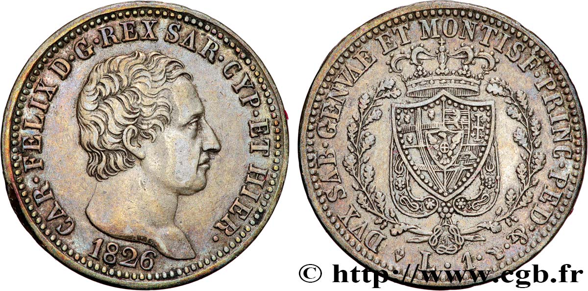 ITALY - KINGDOM OF SARDINIA - CHARLES-FELIX 1 Lira  1826 Turin XF 