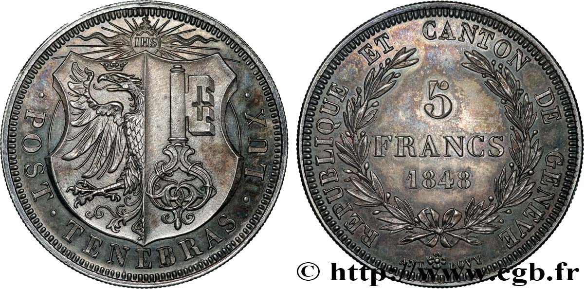 SVIZZERA - REPUBBLICA DE GINEVRA 5 Francs 1848  MS 