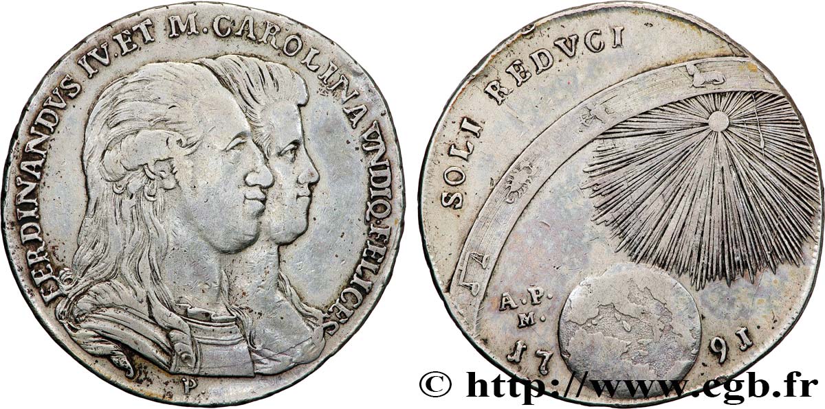 ITALIEN -KÖNIGREICH NEAPEL - FERDINAND IV. 1 Piastre de 120 Grana Ferdinand IV et Marie-Caroline 1791 Naples SS 