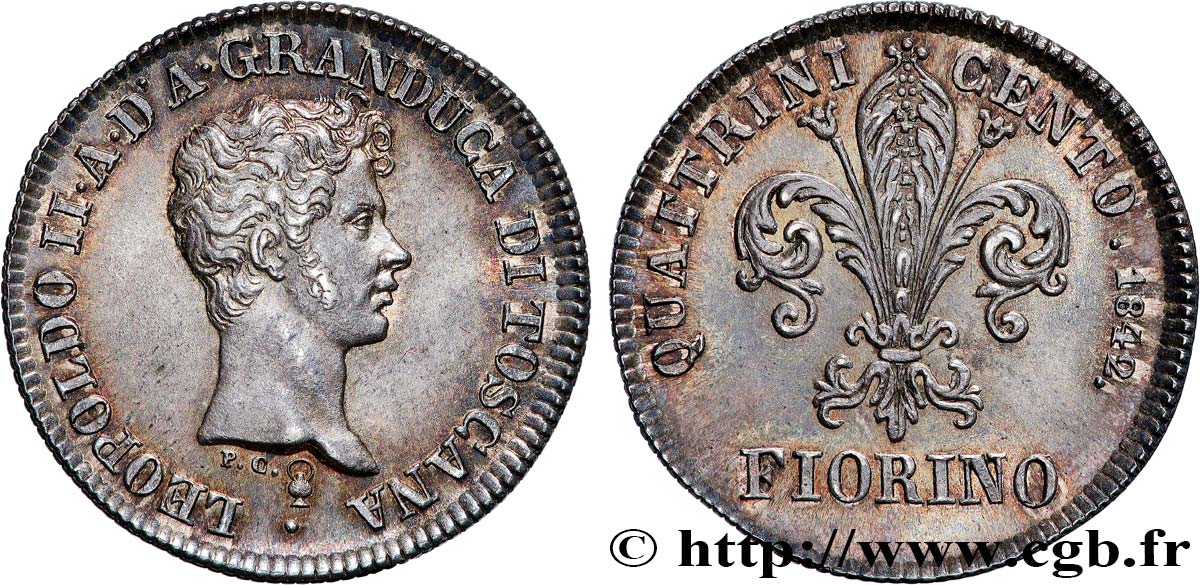 ITALY - GRAND DUCHY OF TUSCANY - LEOPOLD II Fiorino, 3e type 1842 Florence MS 