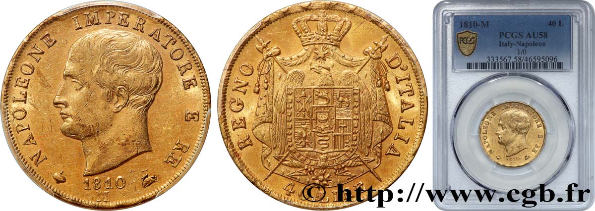 ITALY - KINGDOM OF ITALY - NAPOLEON I 40 Lire 1810 Milan AU58 PCGS