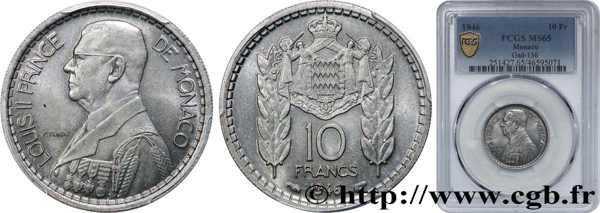 MONACO 10 Francs Louis II 1946 Paris FDC65 PCGS