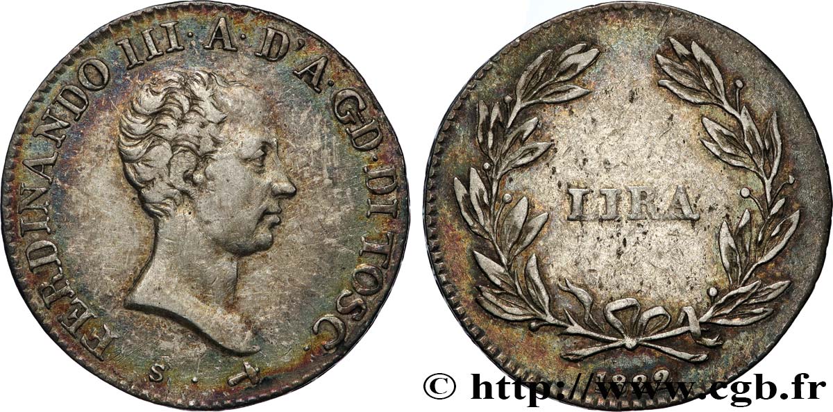 ITALY - GRAND DUCHY OF TUSCANY - FERDINAND III OF LORRAINE 1 Lira 1822  XF 