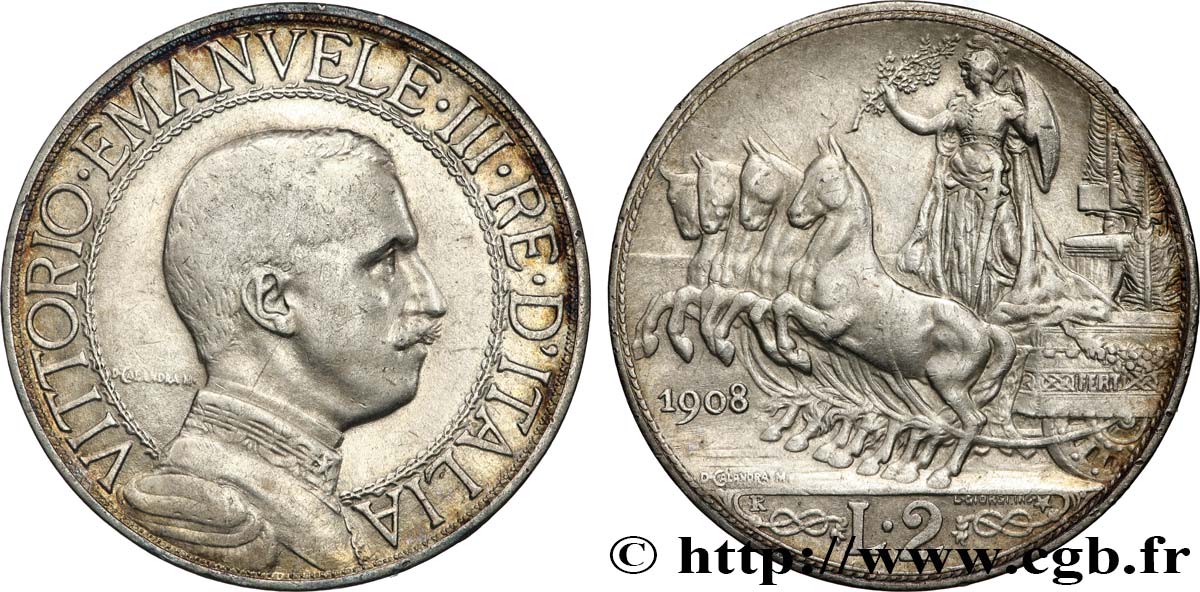 ITALIE - ROYAUME D ITALIE - VICTOR-EMMANUEL III 2 Lire 1er type 1908 Rome TTB+ 