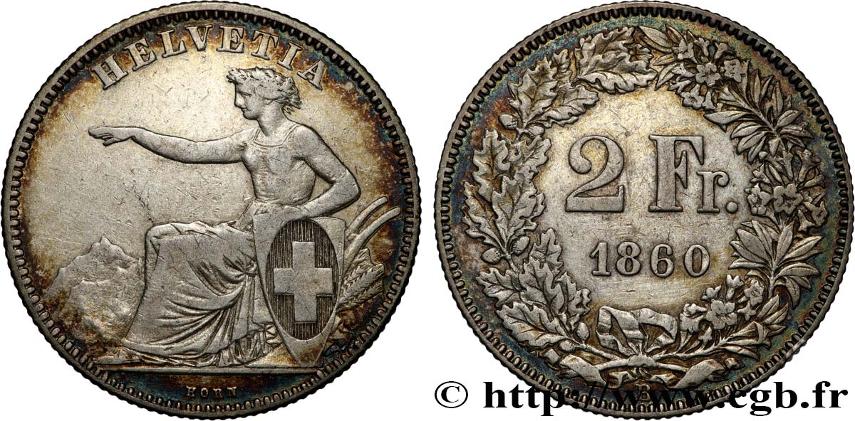 SWITZERLAND 2 Francs Helvetia 1860 Berne XF 