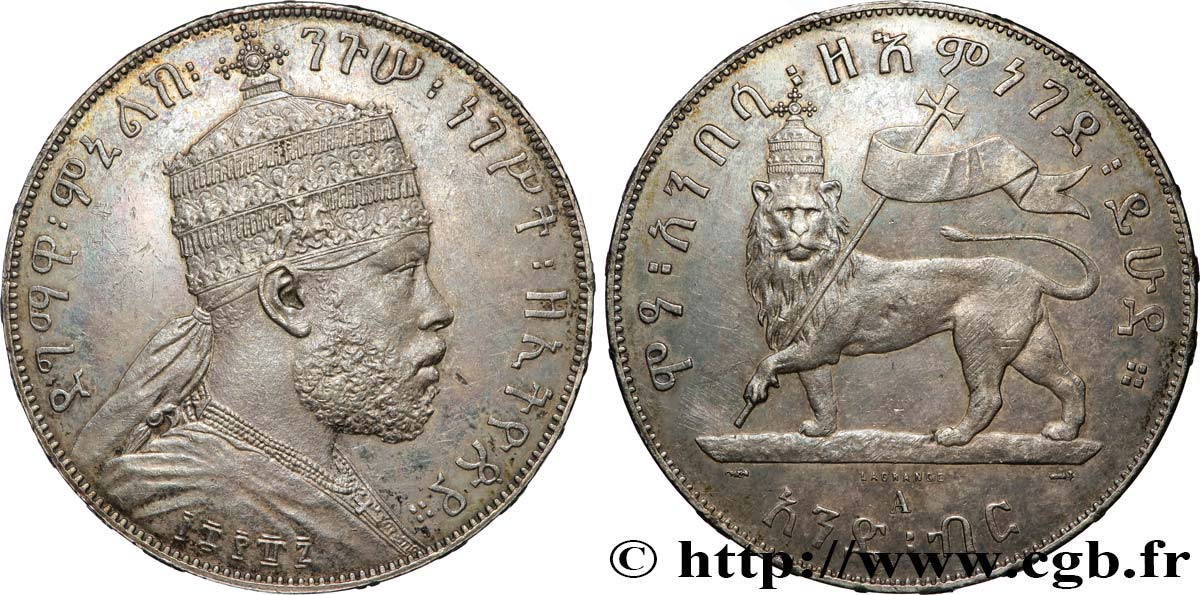 ETHIOPIA 1 Birr roi Menelik II EE1887 1894 Paris AU 