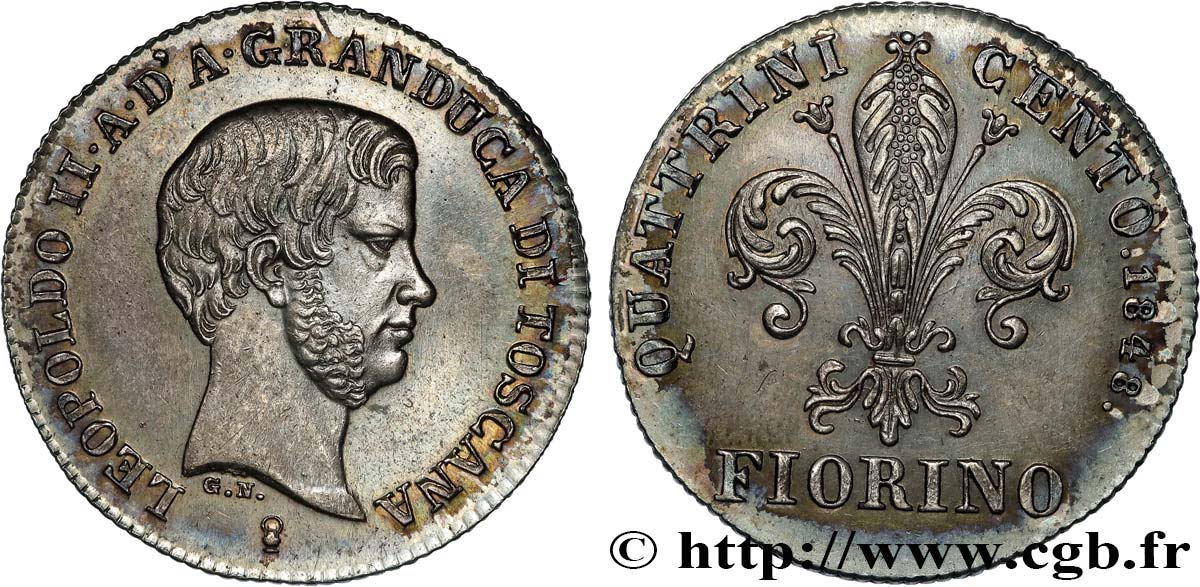 ITALIA - GRAN DUCADO DE TOSCANA - LEOPOLDO II Fiorino, 3e type 1848 Florence EBC+ 