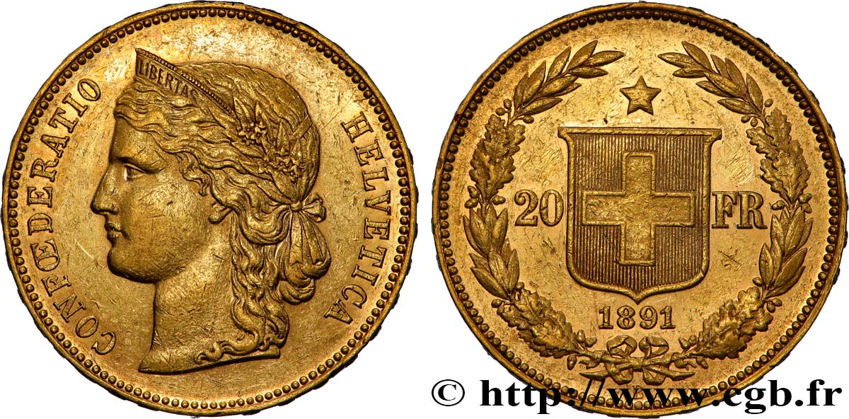 SUIZA 20 Francs or Helvetia 1891 Berne MBC+ 