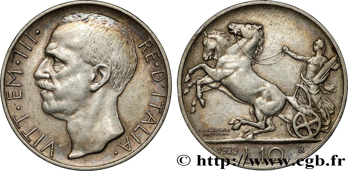 ITALY - KINGDOM OF ITALY - VICTOR-EMMANUEL III 10 Lire char antique 1929 Rome XF 
