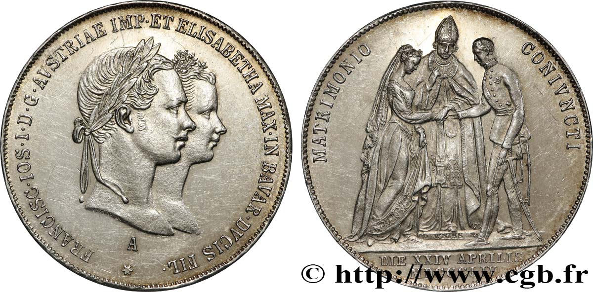ÖSTERREICH 1 Gulden (Florin) mariage de François-Joseph et Élisabeth 1854 Vienne VZ 