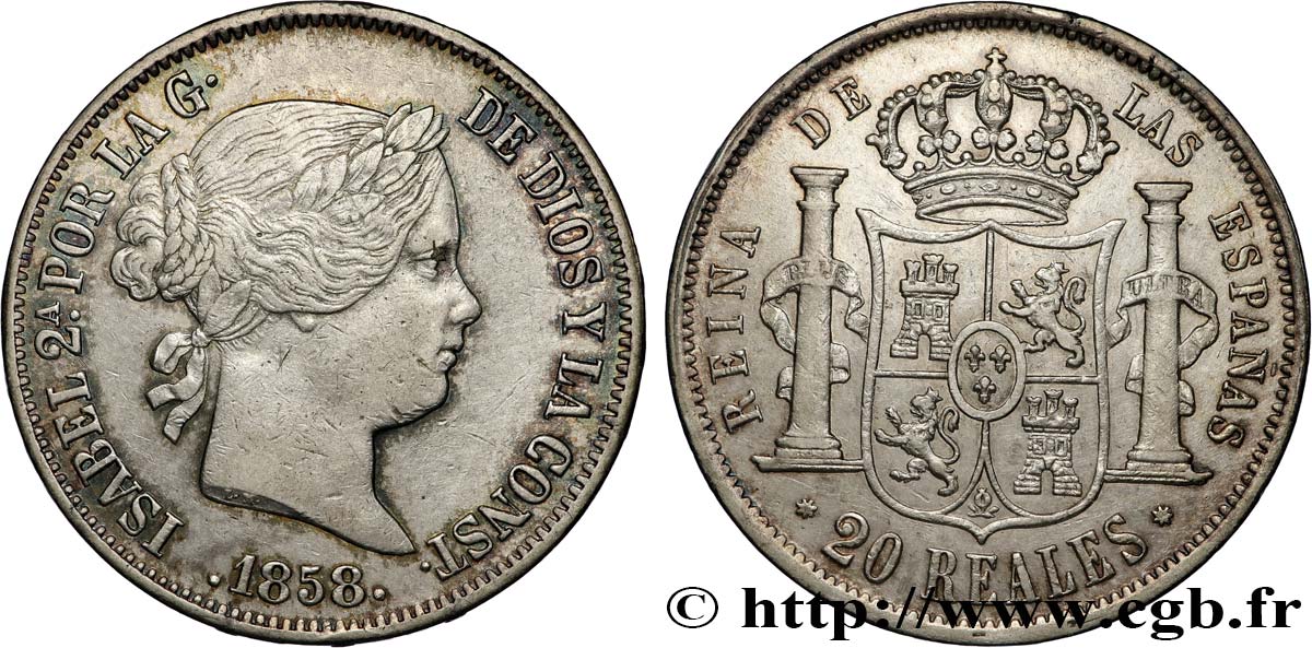ESPAGNE - ROYAUME D ESPAGNE - ISABELLE II 20 Reales 1858 Séville TTB 