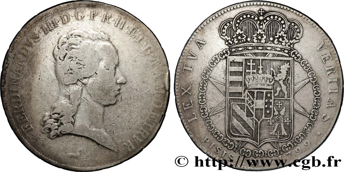 ITALY - GRAND DUCHY OF TUSCANY - FERDINAND III OF LORRAINE Francescone d’argent 1799 Florence VF 