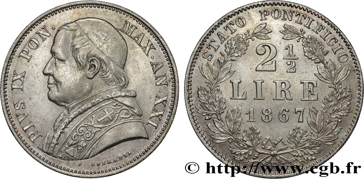 VATICAN - PIUS IX (Giovanni Maria Mastai Ferretti) 2 1/2 Lire Pie IX an XXI 1867 Rome AU 