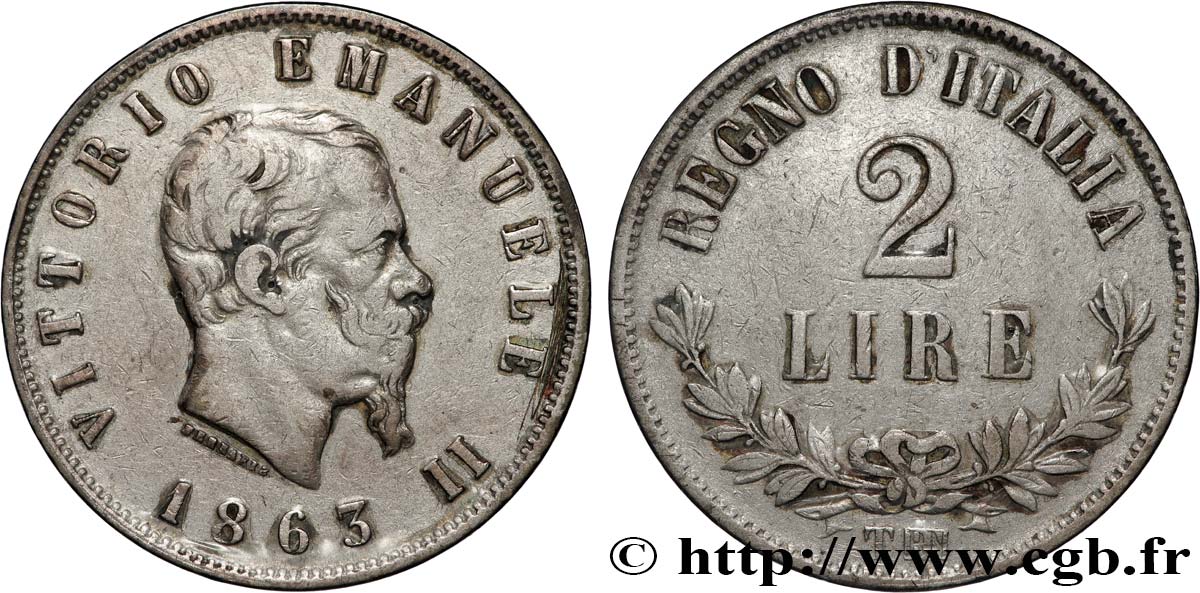 ITALY 2 Lire Victor Emmanuel II 1863 Turin XF 