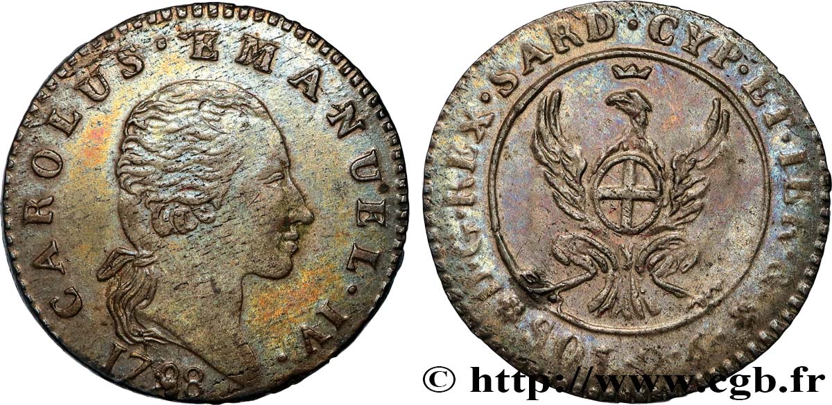 ITALY - KINGDOM OF SARDINIA - CHARLES EMMANUEL IV 2 Soldi et 6 Denari  1798 Turin AU 