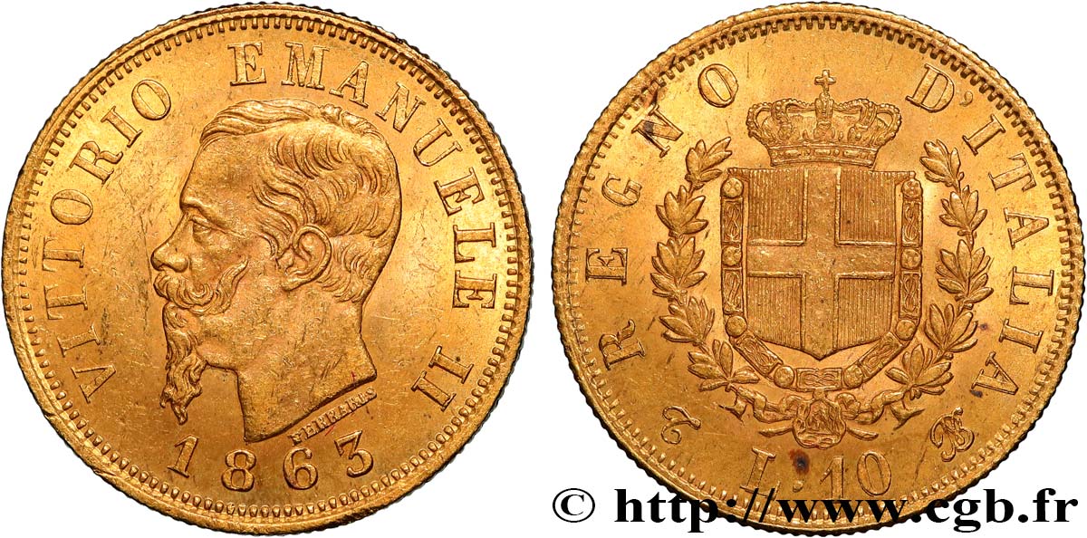 ITALIE - ROYAUME D&nbsp;ITALIE - VICTOR-EMMANUEL II 10 Lire 1863 Turin SUP 