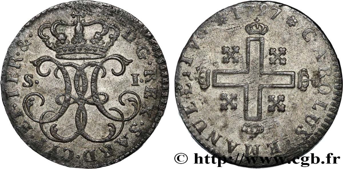 ITALY - KINGDOM OF SARDINIA - CHARLES EMMANUEL IV 1 Soldo  1797 Turin EBC 