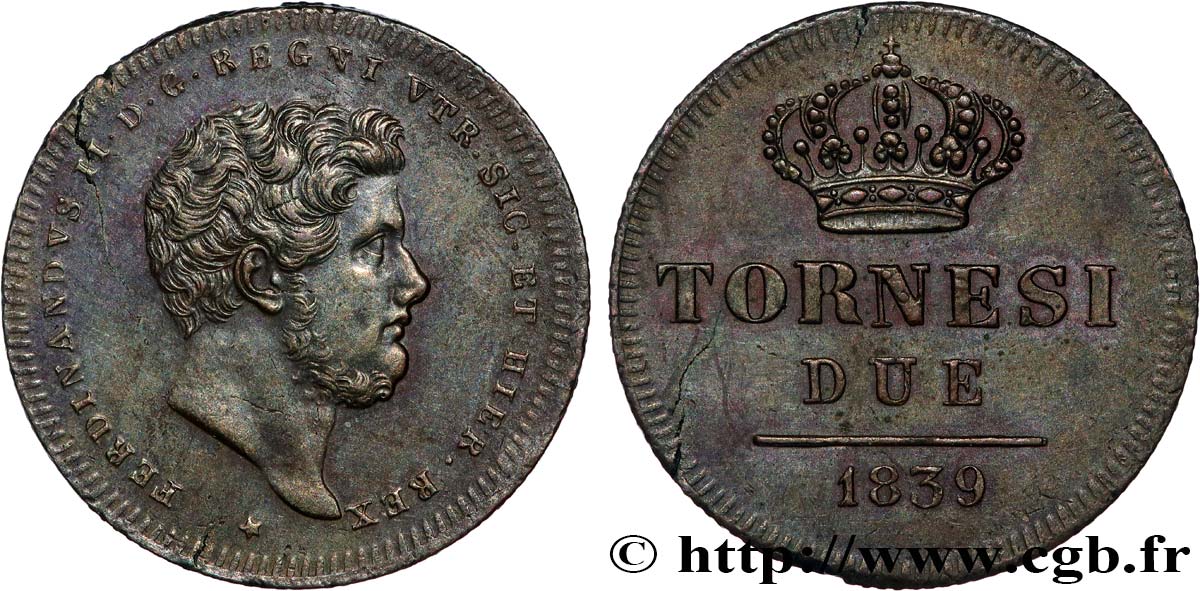 ITALY - KINGDOM OF THE TWO SICILIES - FERDINAND II 2 Tornesi  1839  AU 